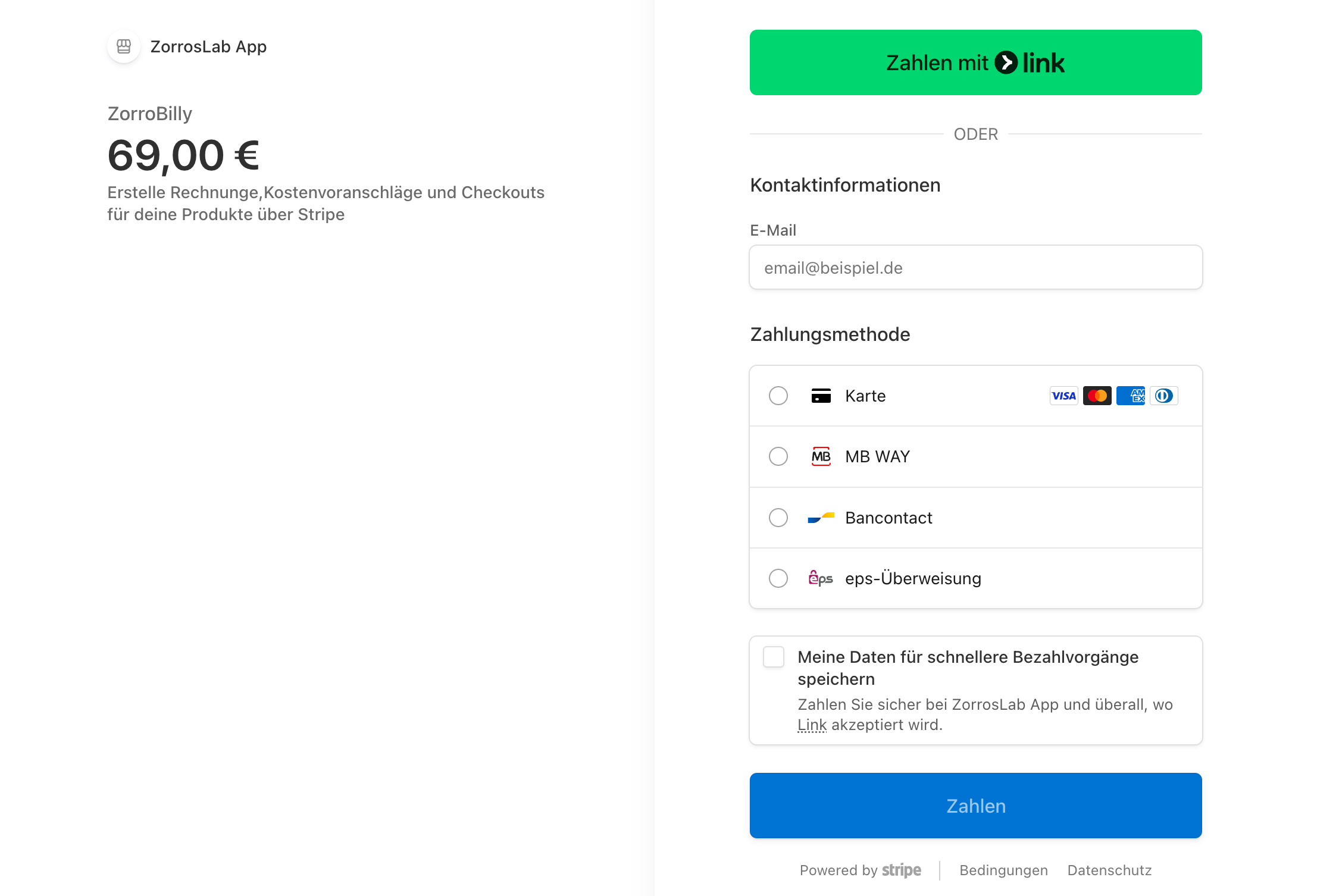 Stripe Checkout – so sieht's der Kunde beim Bezahlen