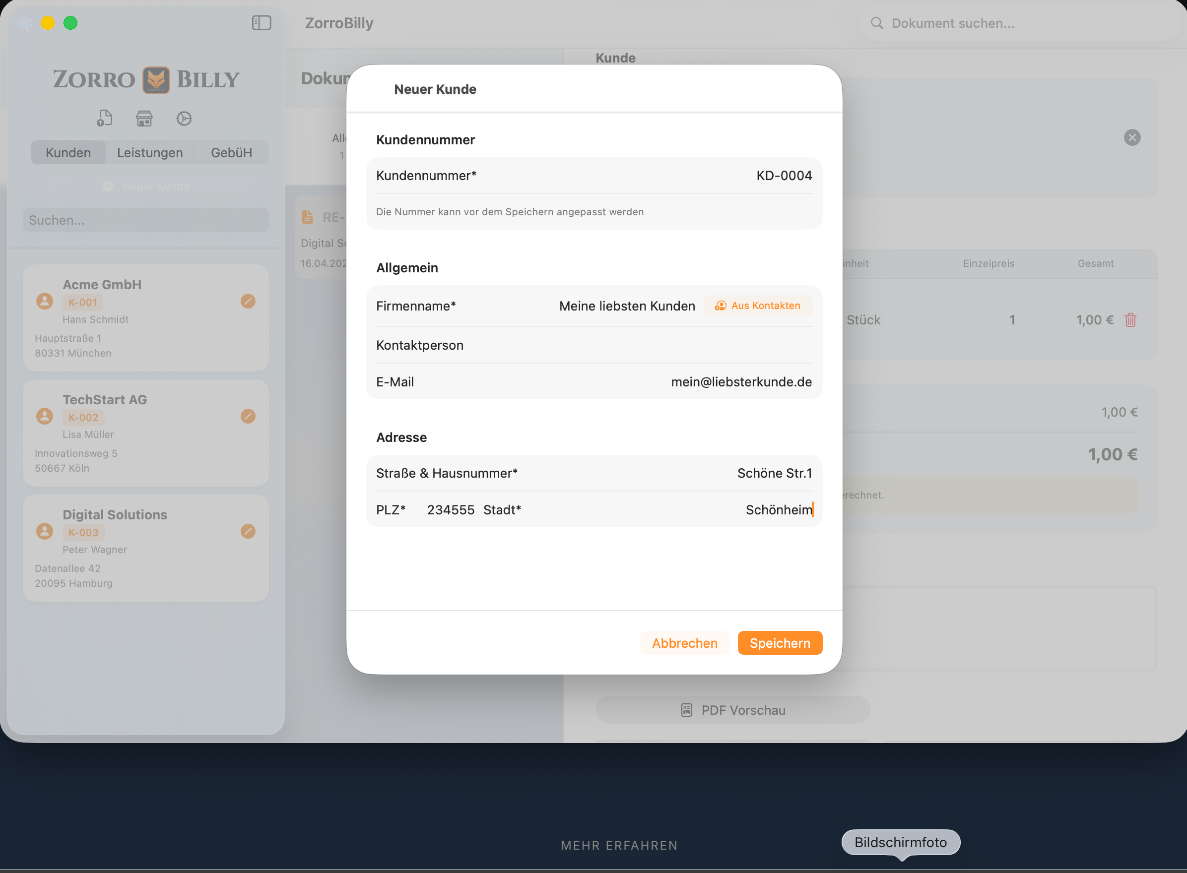 ZorroBilly – Neuer Kunde anlegen mit Import aus Kontakten